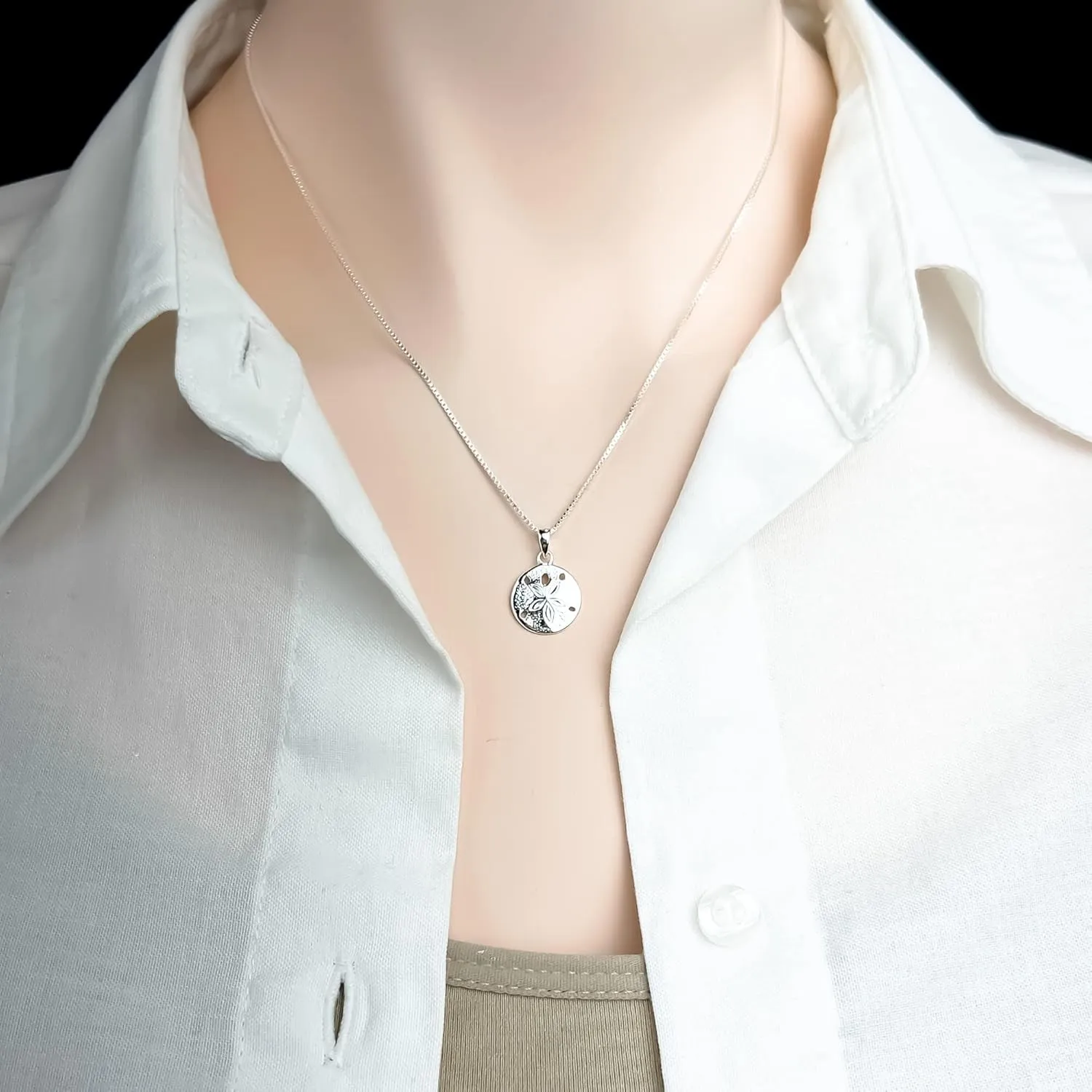Sand Dollar Necklace, Sterling Silver Sand dollar Necklace for Women, Beach Charm Pendant Necklace (18 inches plus 2-inch extender)