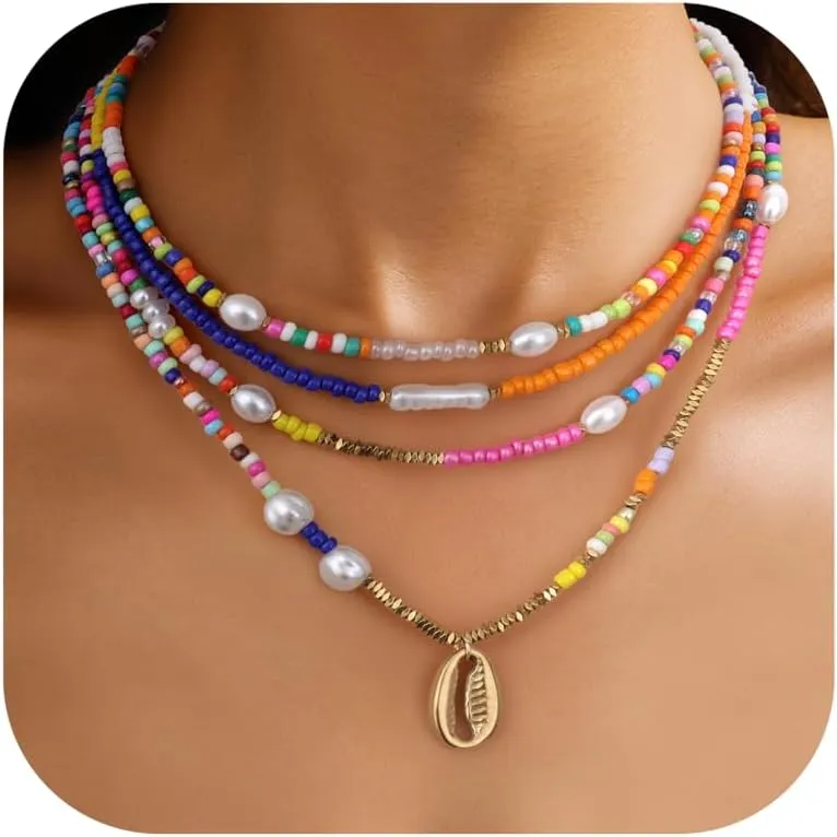 Sanfenly Colorful Beaded Necklace, 18k Gold Plated Boho Layered Pearl Bead Necklace Handmade Beach Summer Surfer Women's Choker Necklaces Shell Flower Heart Trendy Cute Long Necklaces For Women Jewelry Gift