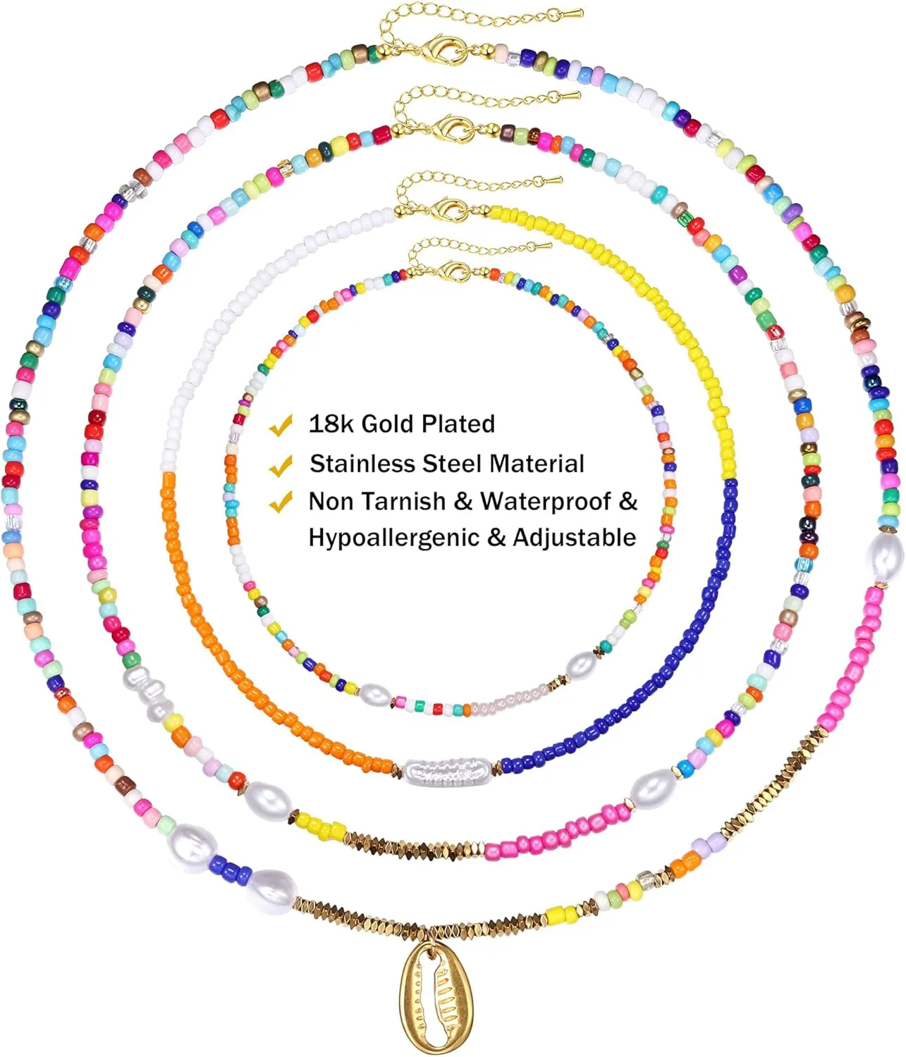 Sanfenly Colorful Beaded Necklace, 18k Gold Plated Boho Layered Pearl Bead Necklace Handmade Beach Summer Surfer Women's Choker Necklaces Shell Flower Heart Trendy Cute Long Necklaces For Women Jewelry Gift