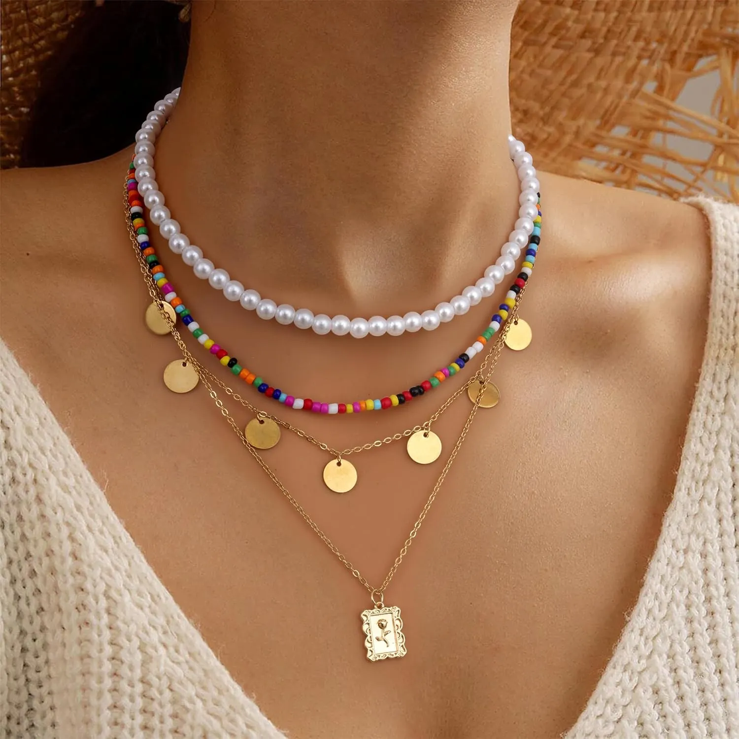 Sanfenly Colorful Beaded Necklace, 18k Gold Plated Boho Layered Pearl Bead Necklace Handmade Beach Summer Surfer Women's Choker Necklaces Shell Flower Heart Trendy Cute Long Necklaces For Women Jewelry Gift