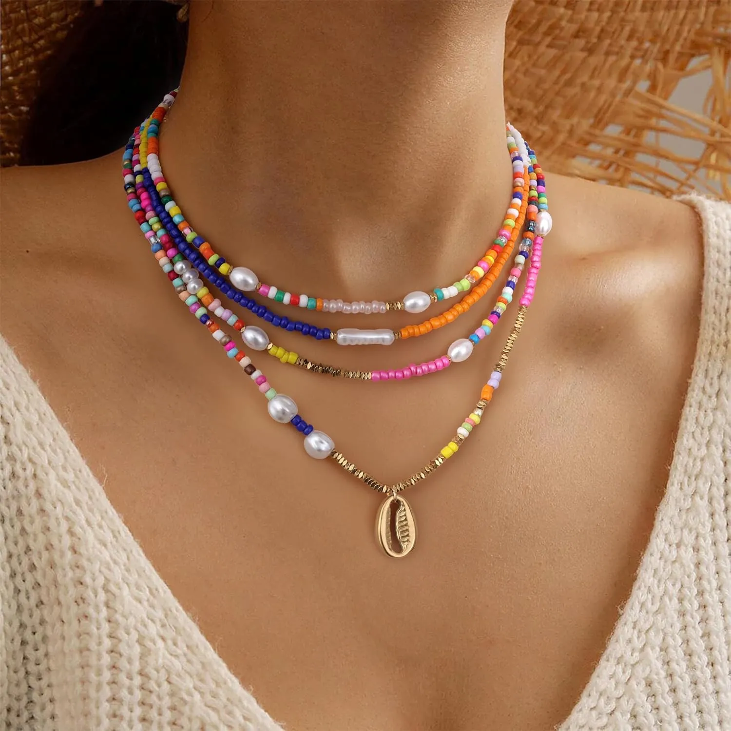 Sanfenly Colorful Beaded Necklace, 18k Gold Plated Boho Layered Pearl Bead Necklace Handmade Beach Summer Surfer Women's Choker Necklaces Shell Flower Heart Trendy Cute Long Necklaces For Women Jewelry Gift