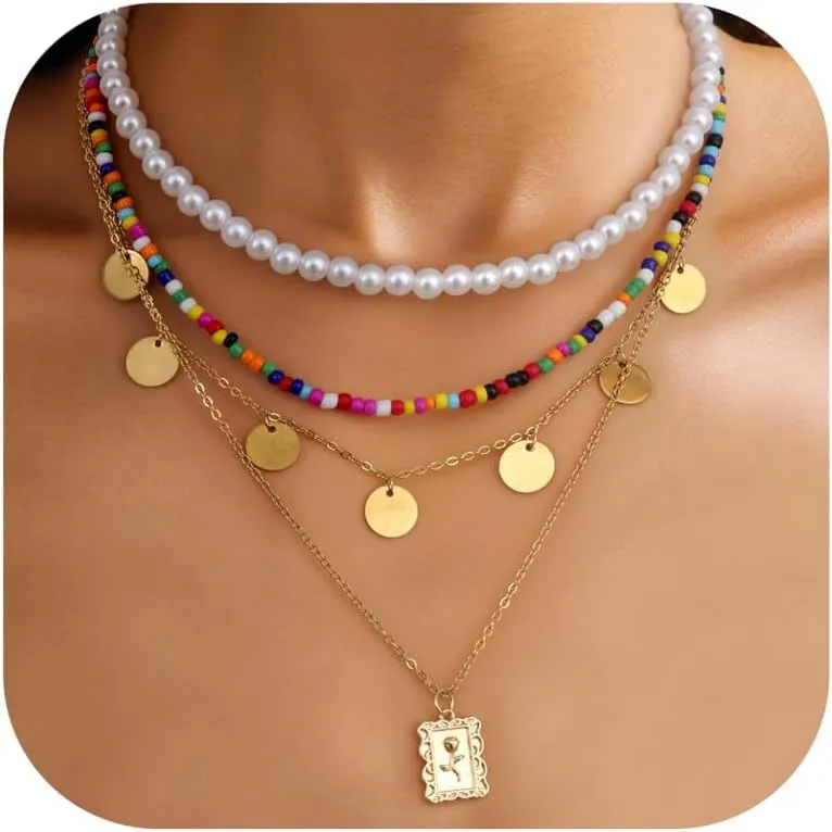 Sanfenly Colorful Beaded Necklace, 18k Gold Plated Boho Layered Pearl Bead Necklace Handmade Beach Summer Surfer Women's Choker Necklaces Shell Flower Heart Trendy Cute Long Necklaces For Women Jewelry Gift