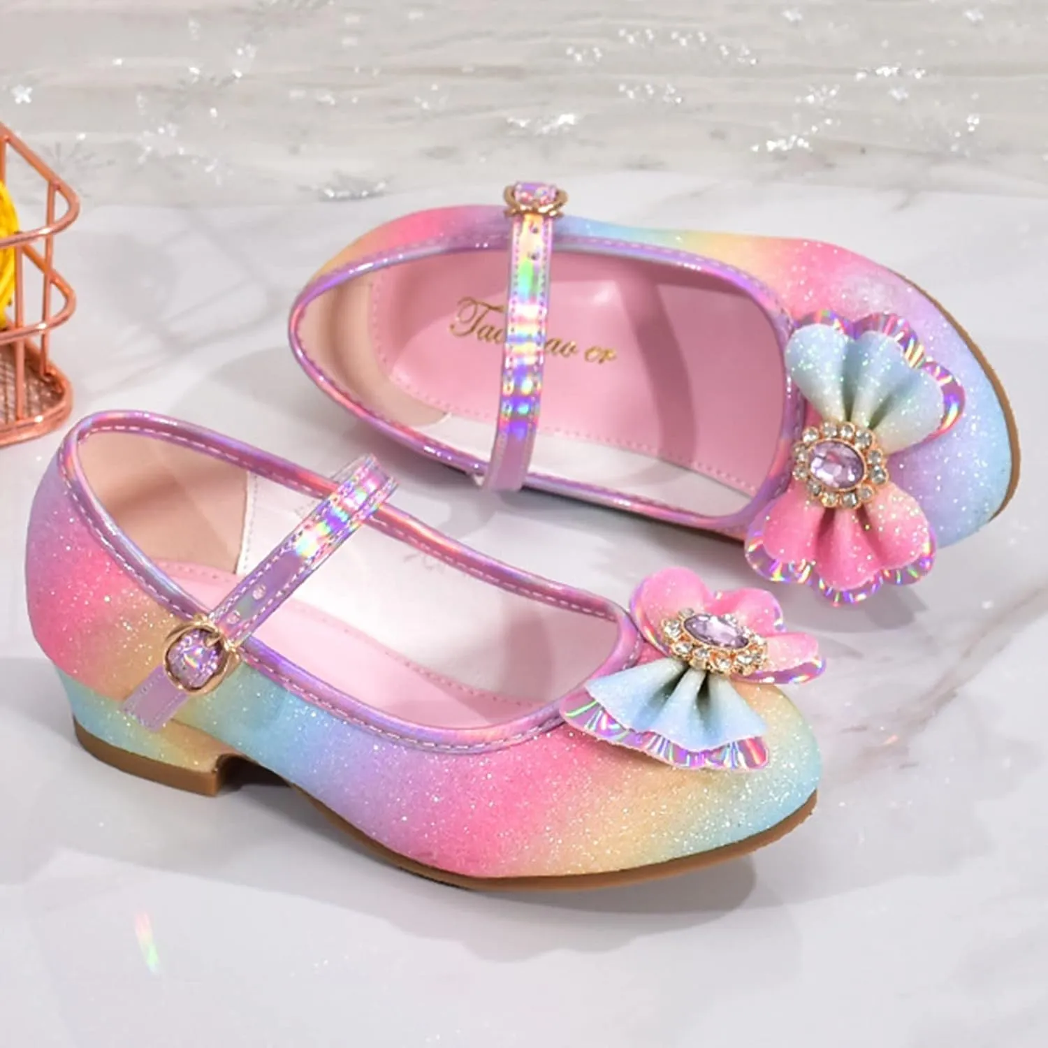 Sequins Bow High Heels Sandals For Girls Ankle Cr??b Dress Dance Shoes Little Kid Toddler Shoes Summer Strap