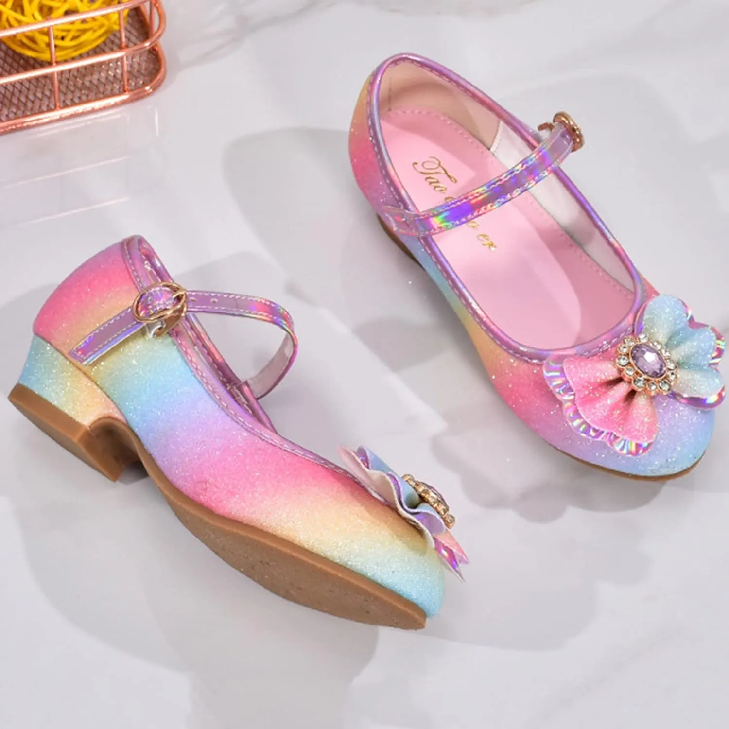 Sequins Bow High Heels Sandals For Girls Ankle Cr??b Dress Dance Shoes Little Kid Toddler Shoes Summer Strap