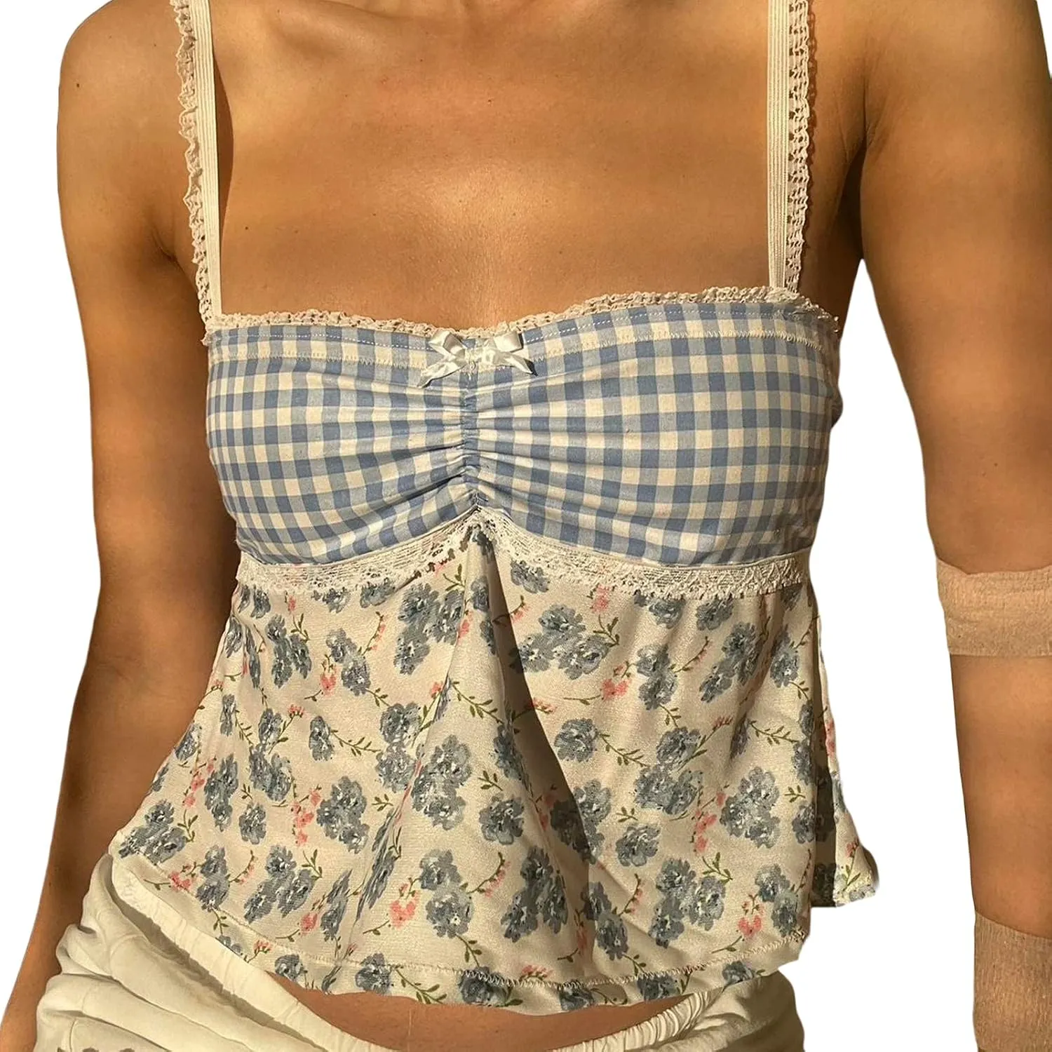 Sexy Backless Tops for Women Y2K Plaid Print Tie Back Slim Fit Halter Camisole Spaghetti Strap Cute Lace Trim Tank Top