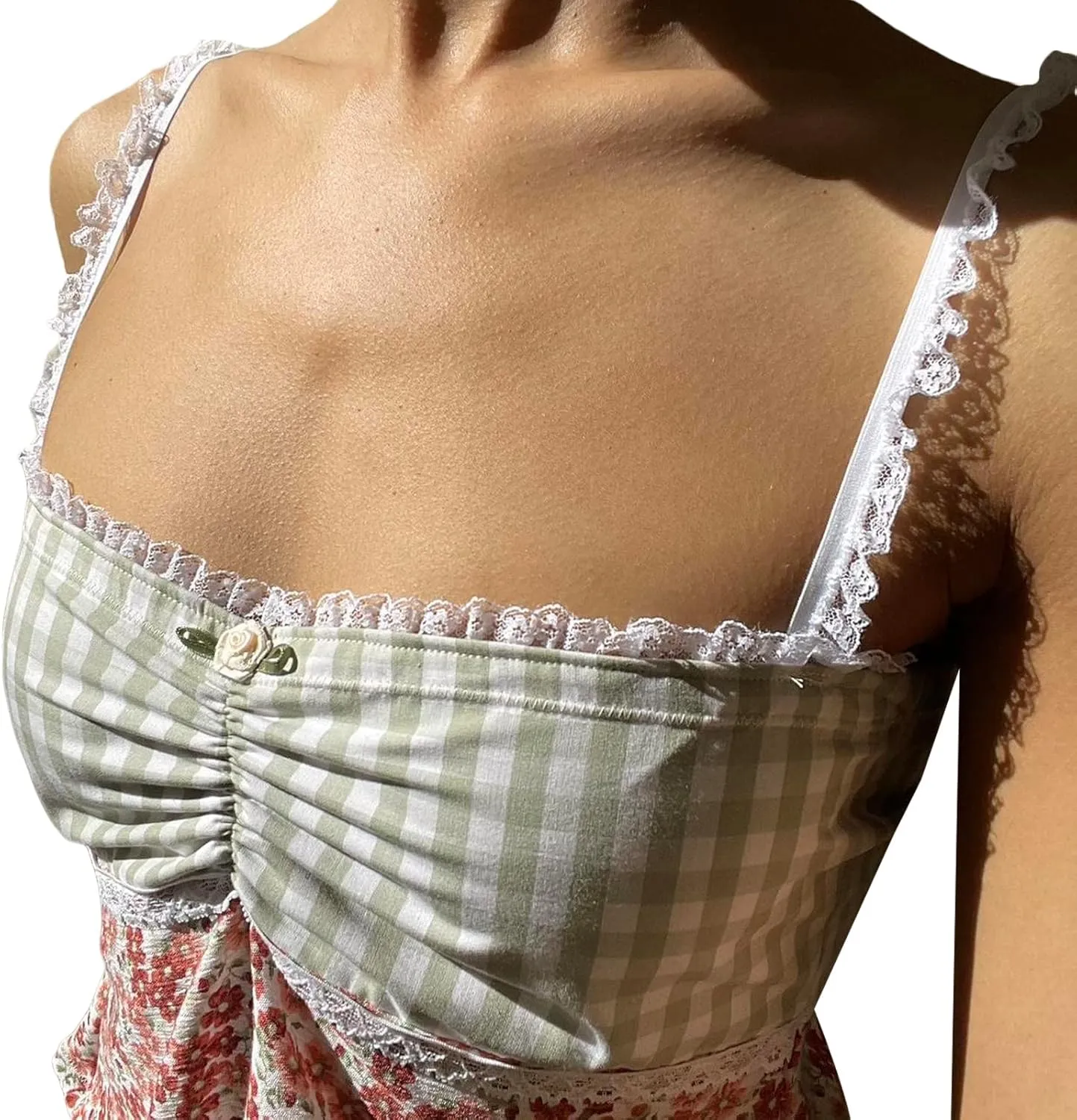 Sexy Backless Tops for Women Y2K Plaid Print Tie Back Slim Fit Halter Camisole Spaghetti Strap Cute Lace Trim Tank Top