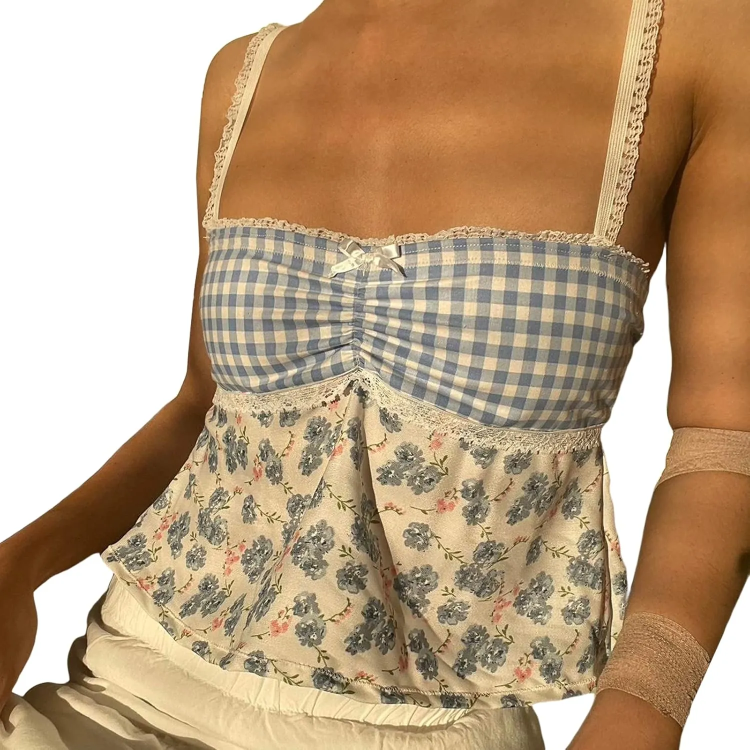 Sexy Backless Tops for Women Y2K Plaid Print Tie Back Slim Fit Halter Camisole Spaghetti Strap Cute Lace Trim Tank Top