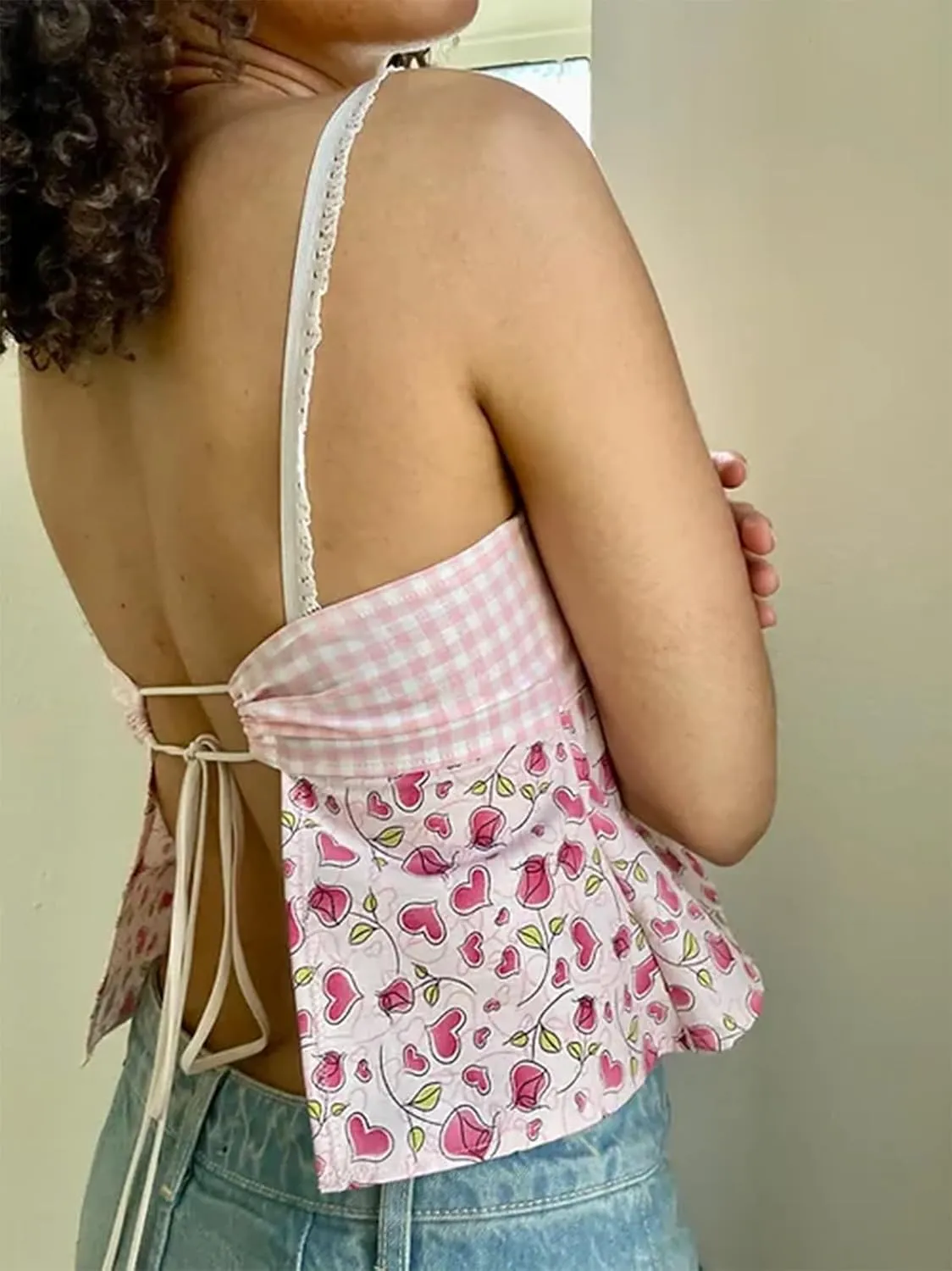 Sexy Backless Tops for Women Y2K Plaid Print Tie Back Slim Fit Halter Camisole Spaghetti Strap Cute Lace Trim Tank Top