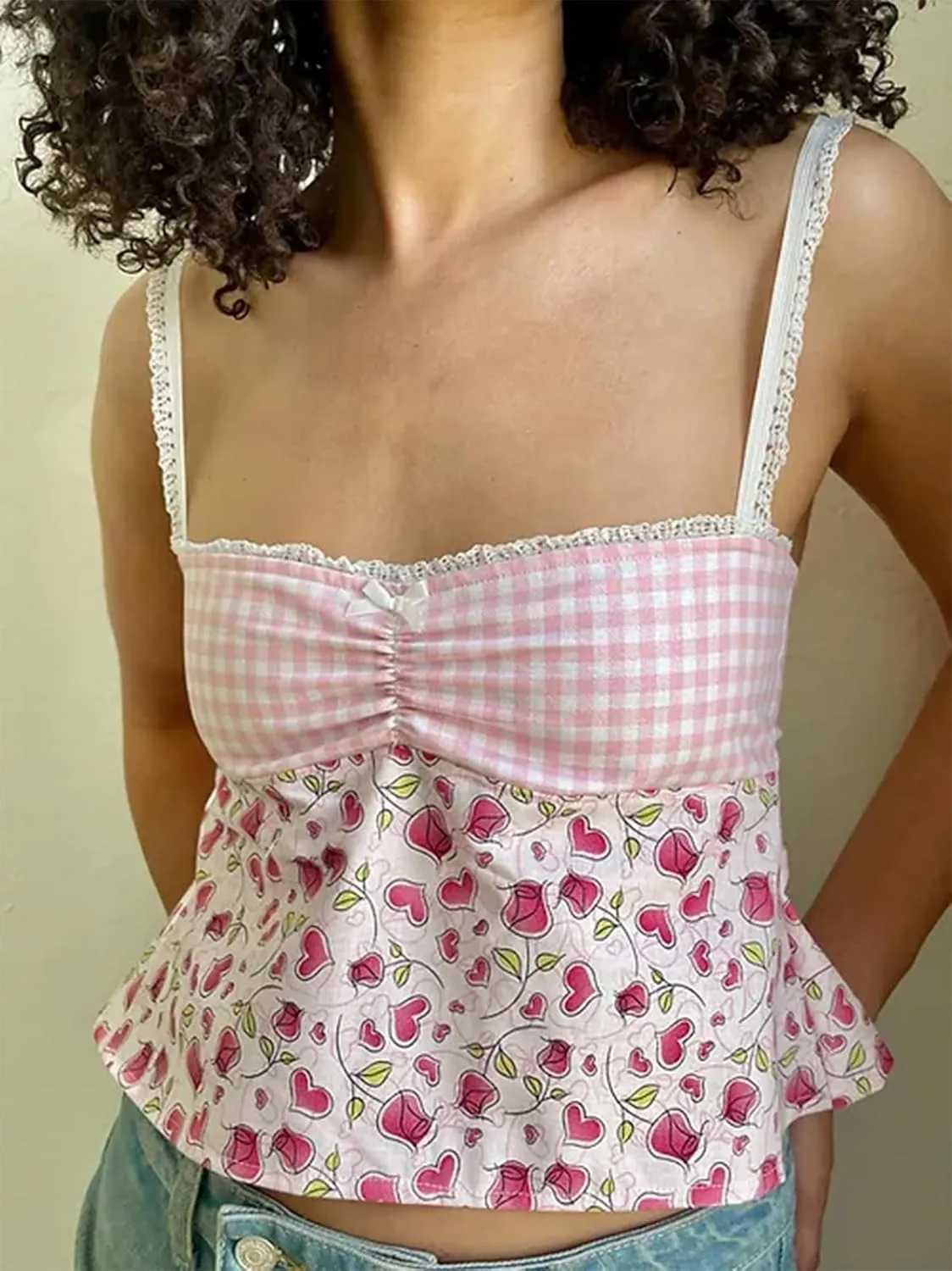 Sexy Backless Tops for Women Y2K Plaid Print Tie Back Slim Fit Halter Camisole Spaghetti Strap Cute Lace Trim Tank Top
