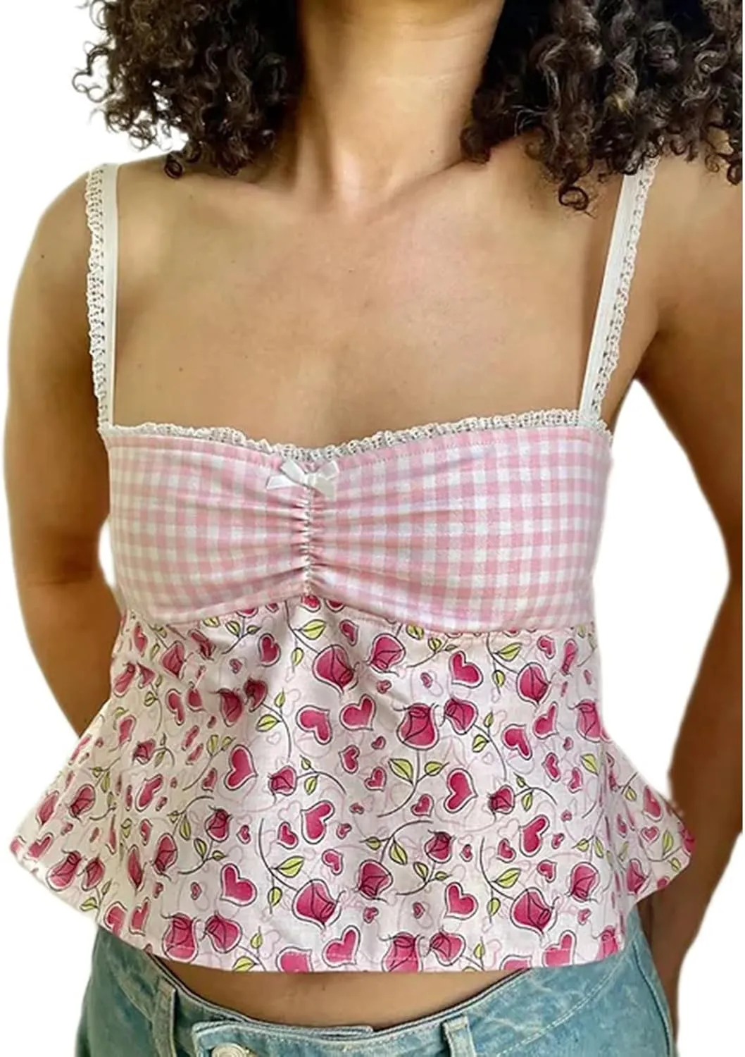 Sexy Backless Tops for Women Y2K Plaid Print Tie Back Slim Fit Halter Camisole Spaghetti Strap Cute Lace Trim Tank Top