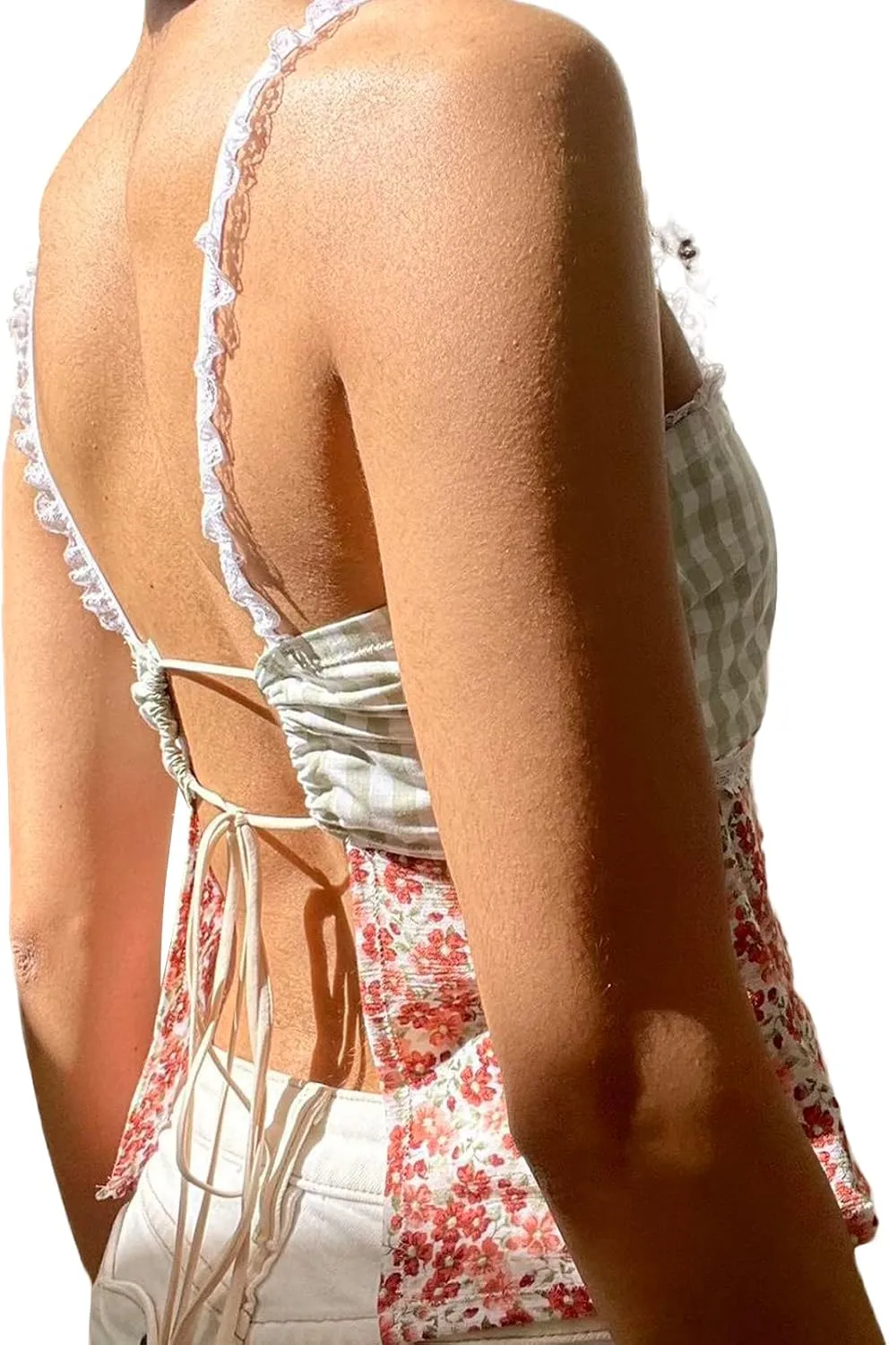Sexy Backless Tops for Women Y2K Plaid Print Tie Back Slim Fit Halter Camisole Spaghetti Strap Cute Lace Trim Tank Top