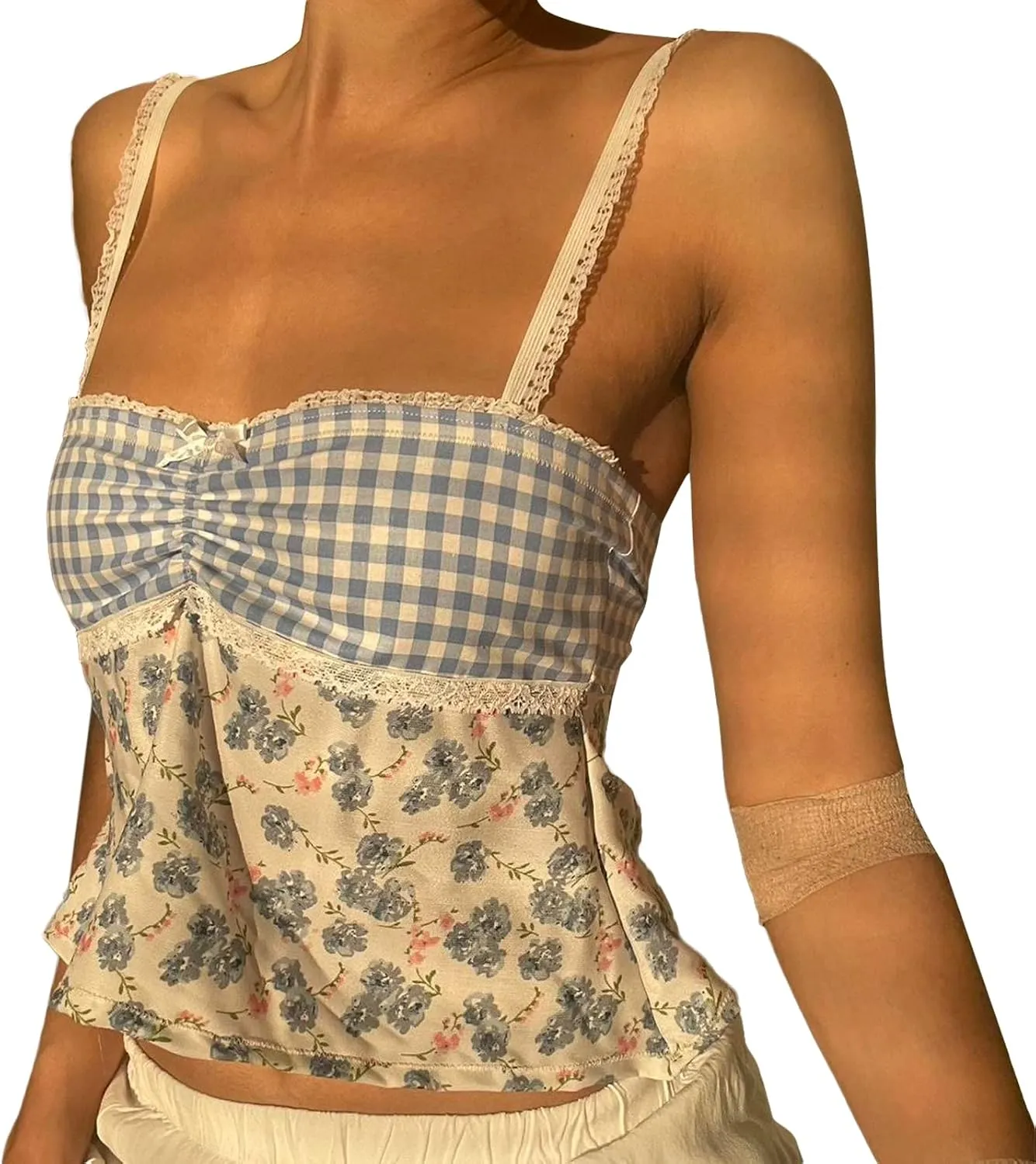 Sexy Backless Tops for Women Y2K Plaid Print Tie Back Slim Fit Halter Camisole Spaghetti Strap Cute Lace Trim Tank Top