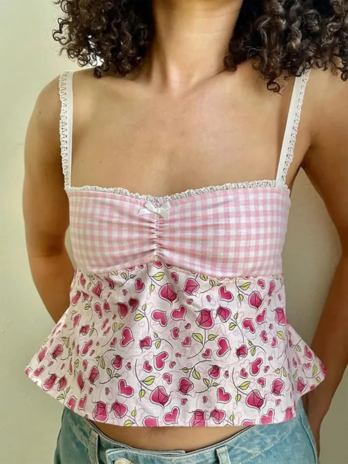 Sexy Backless Tops for Women Y2K Plaid Print Tie Back Slim Fit Halter Camisole Spaghetti Strap Cute Lace Trim Tank Top