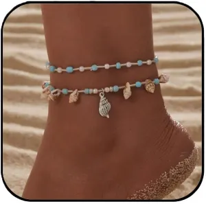 Shell Bead Anklet - Bohemian Braided Beach Ankle Bracelet with Natural Seashells & Blue white Beads, Waterproof Summer Jewelry for Vacations/Seaside Parties, Women's Boho Foot Accessories