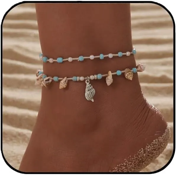 Shell Bead Anklet - Bohemian Braided Beach Ankle Bracelet with Natural Seashells & Blue white Beads, Waterproof Summer Jewelry for Vacations/Seaside Parties, Women's Boho Foot Accessories