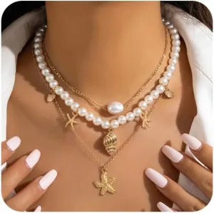 Shell Necklace for Women,Layered Gold Seashell Starfish Necklaces Dainty Pearl Summer Necklaces Boho Surfer Beach Jewelry Costume Accessories