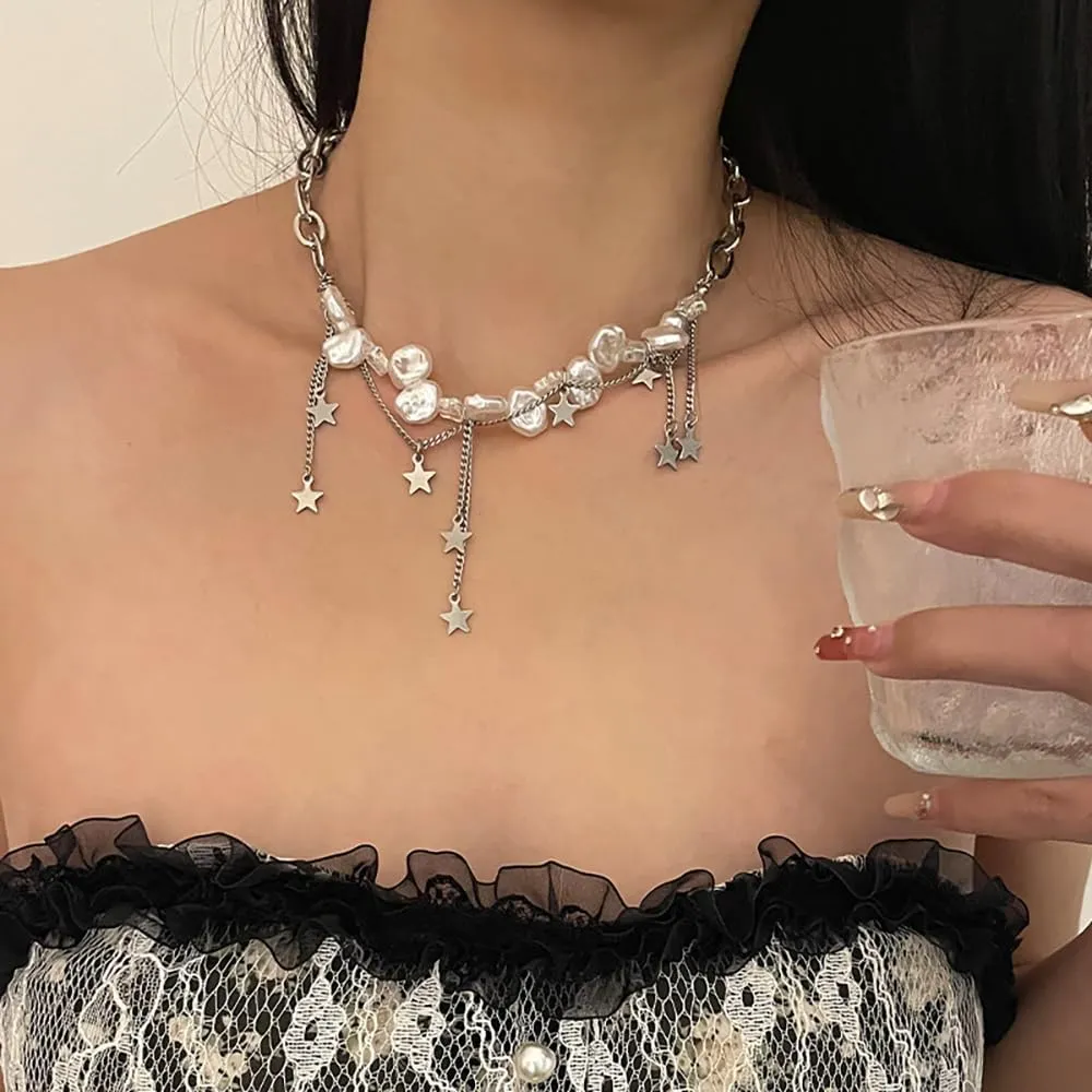 Silver Baroque Pearl Star Tassel Necklaces, Adjustable Chunky Chain Choker Necklaces, Layered Y2k Statement Jewelry Gifts for Women