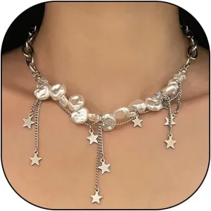 Silver Baroque Pearl Star Tassel Necklaces, Adjustable Chunky Chain Choker Necklaces, Layered Y2k Statement Jewelry Gifts for Women