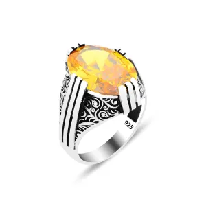 Silver Citrine Stone Ring, Yellow Citrine Ring, Oval Men Ring, Engraved Ring, Father Day Gift, Men Ottoman Ring, 925k Sterling Silver Ring