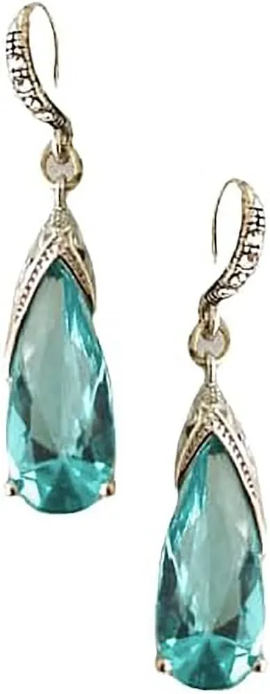 Silver Tone Antique Vintage Retro Art Deco Nouveau Style Gatsby Flapper Imitation Aquamarine Light Blue Topaz Rhinestone Wedding Bridesmaid Earrings