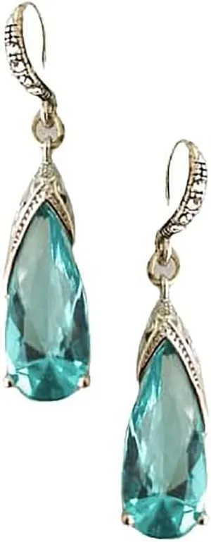 Silver Tone Antique Vintage Retro Art Deco Nouveau Style Gatsby Flapper Imitation Aquamarine Light Blue Topaz Rhinestone Wedding Bridesmaid Earrings