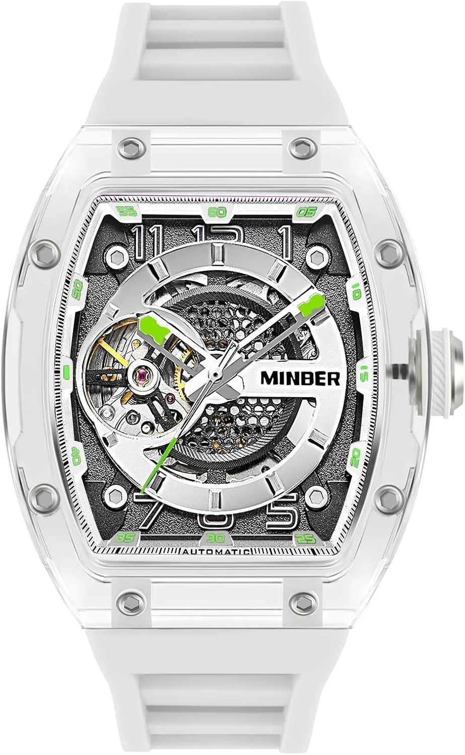 Skeleton Automatic Watch, 43mm Dial with Luminous Hands, Self Winding Watch, 3 ATM Waterproof, Business Casual Sporty Design Men's Watch, with Rubber Strap