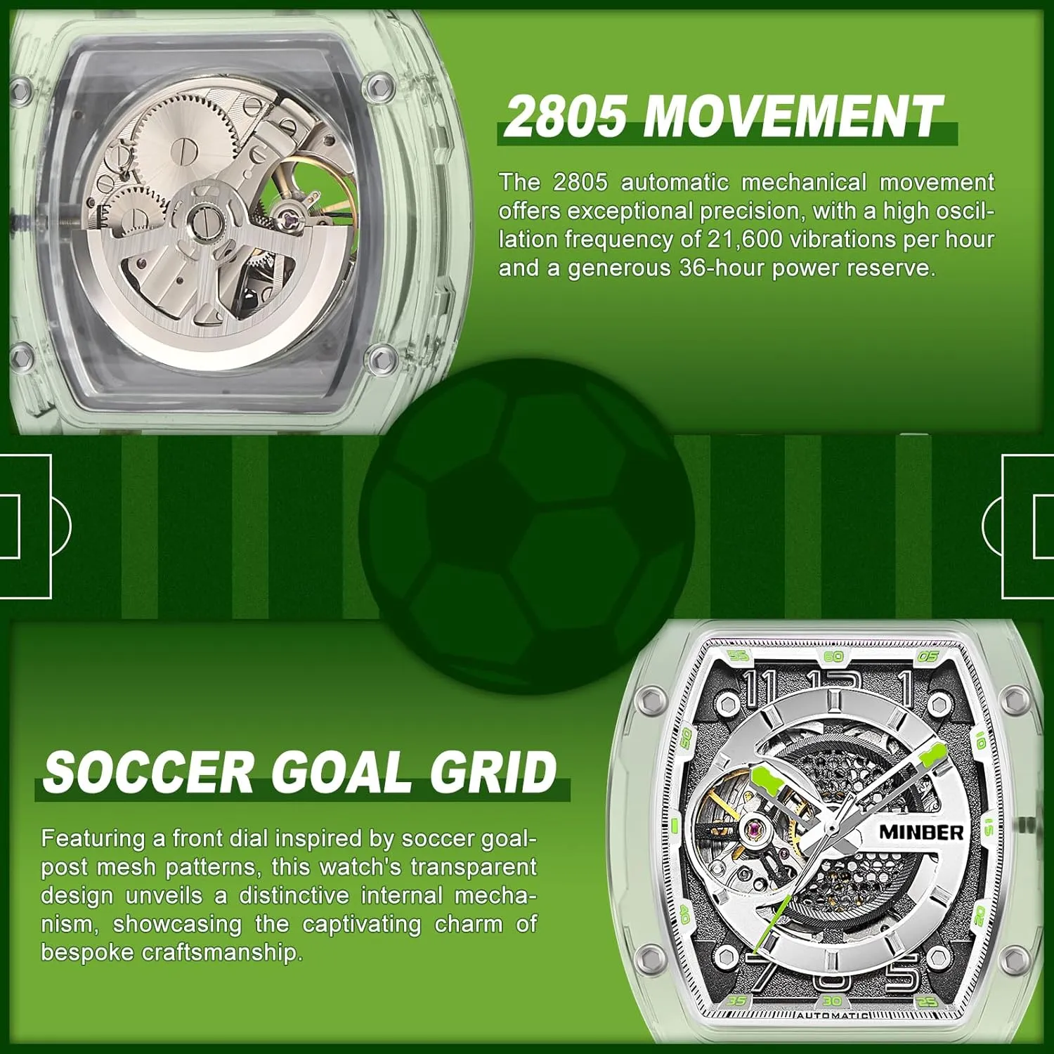 Skeleton Automatic Watch, 43mm Dial with Luminous Hands, Self Winding Watch, 3 ATM Waterproof, Business Casual Sporty Design Men's Watch, with Rubber Strap