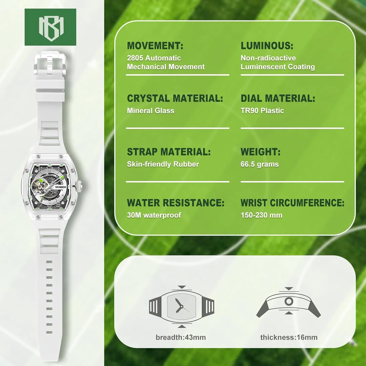 Skeleton Automatic Watch, 43mm Dial with Luminous Hands, Self Winding Watch, 3 ATM Waterproof, Business Casual Sporty Design Men's Watch, with Rubber Strap