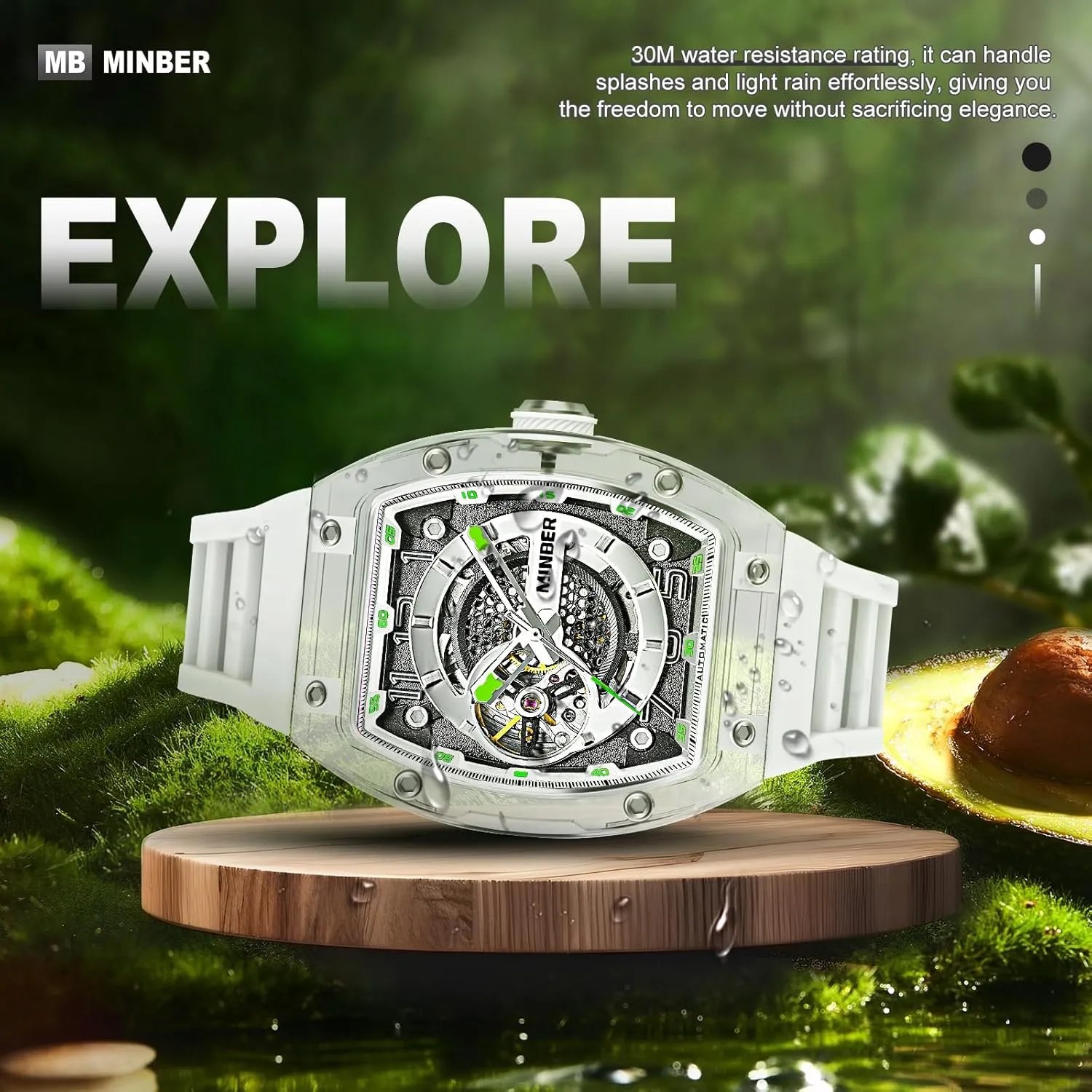 Skeleton Automatic Watch, 43mm Dial with Luminous Hands, Self Winding Watch, 3 ATM Waterproof, Business Casual Sporty Design Men's Watch, with Rubber Strap