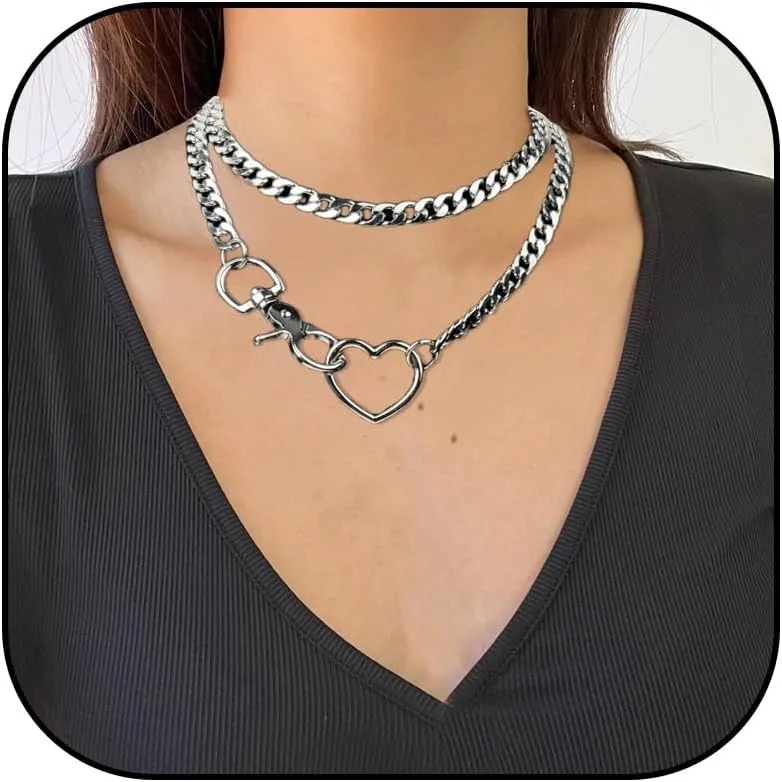 Slip Chain Necklace Chunky Heart Necklaces for Women Slip Choker Lariat Necklaces Heart Layered Cuban Chain Necklace Trendy Stuff