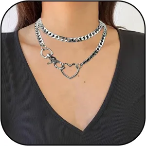 Slip Chain Necklace Chunky Heart Necklaces for Women Slip Choker Lariat Necklaces Heart Layered Cuban Chain Necklace Trendy Stuff