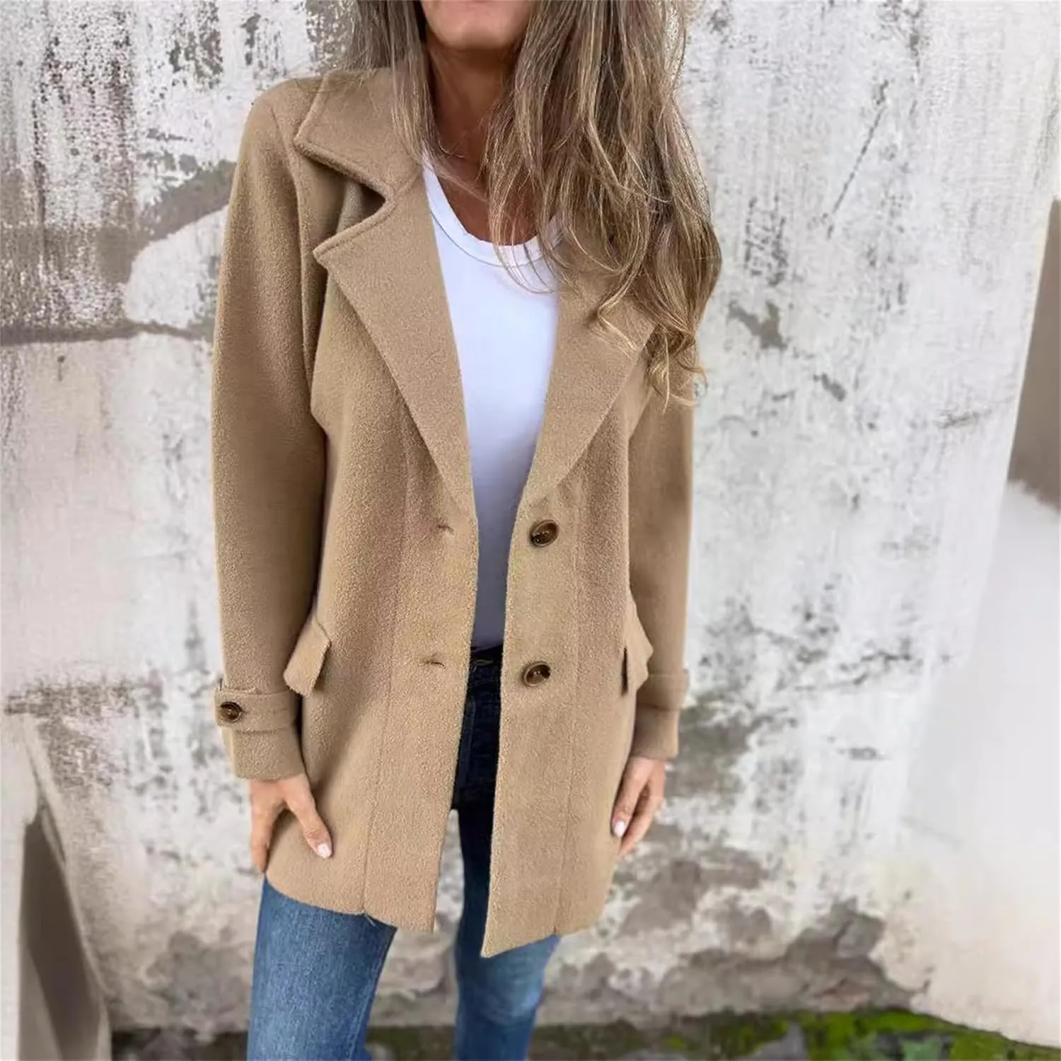 Solid Color Button Up Cardigan Trench Long Sleeve Solid Color Trench Coat Womens Single Breasted Trench Coat