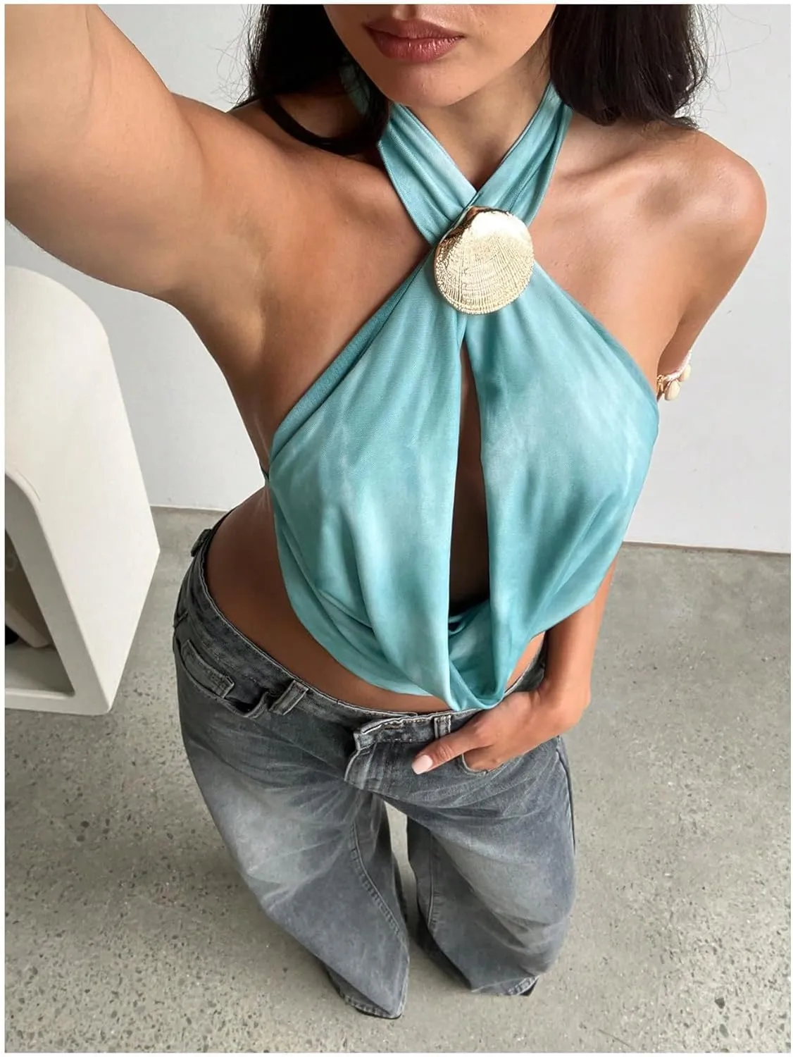 SOLY HUX Women's Sexy Cowl Neck Halter Tops Tie Open Back Camisoles Summer Crop Tops