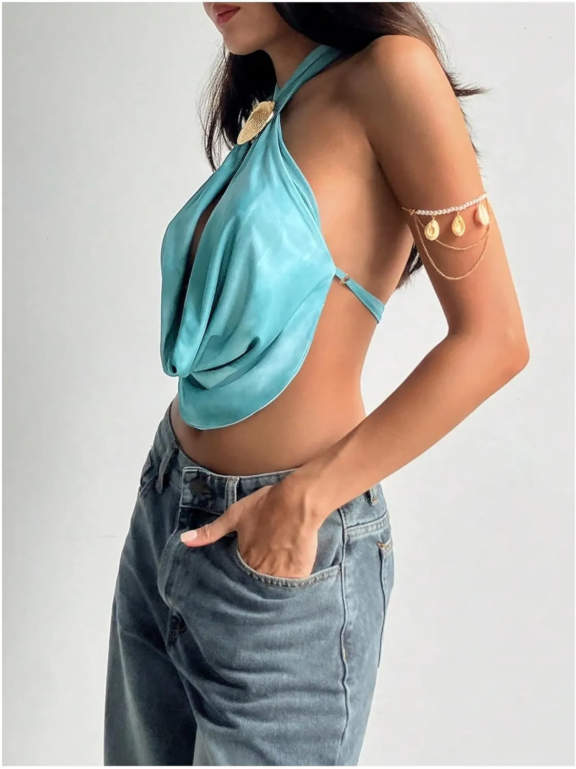 SOLY HUX Women's Sexy Cowl Neck Halter Tops Tie Open Back Camisoles Summer Crop Tops