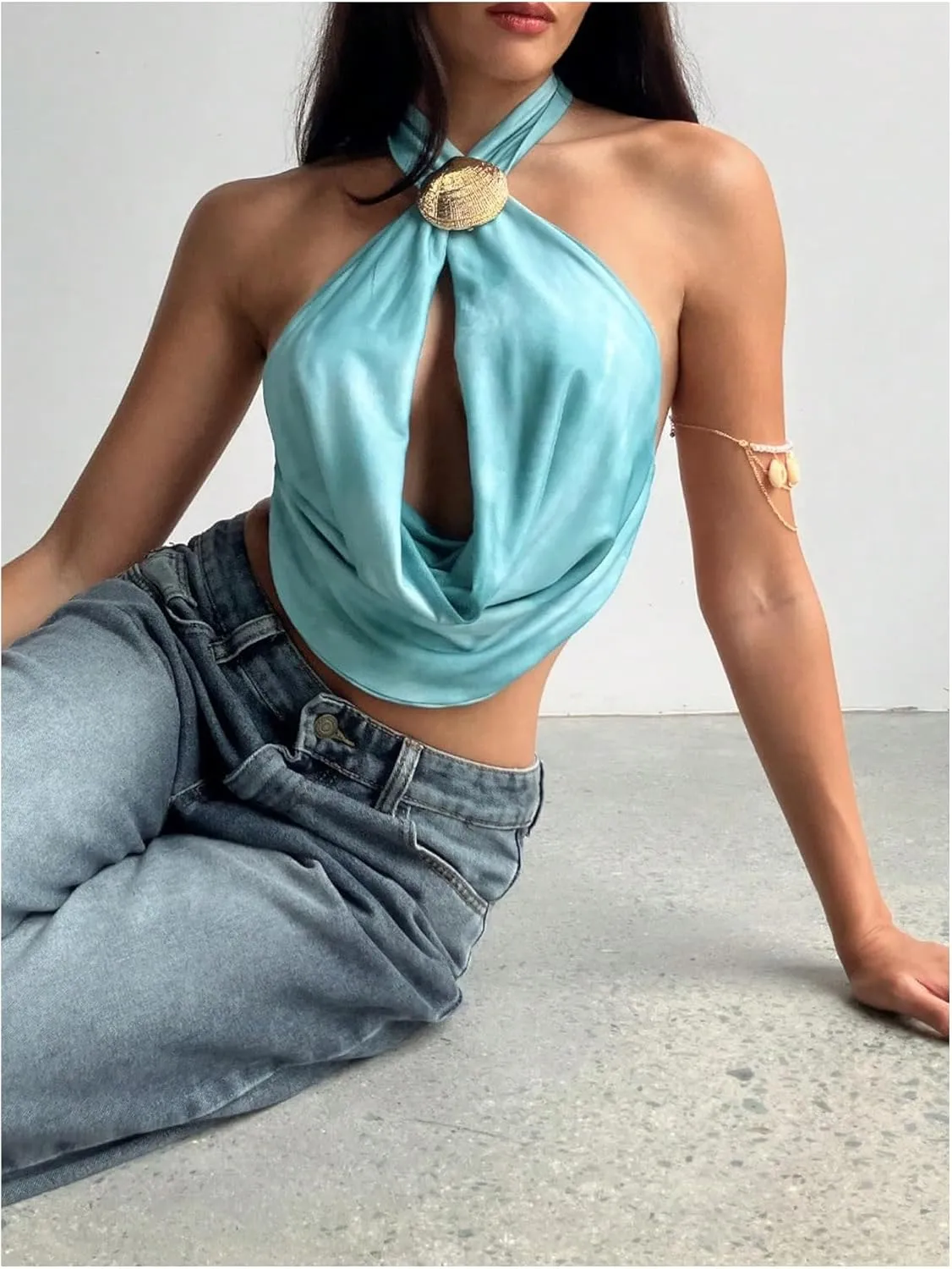 SOLY HUX Women's Sexy Cowl Neck Halter Tops Tie Open Back Camisoles Summer Crop Tops