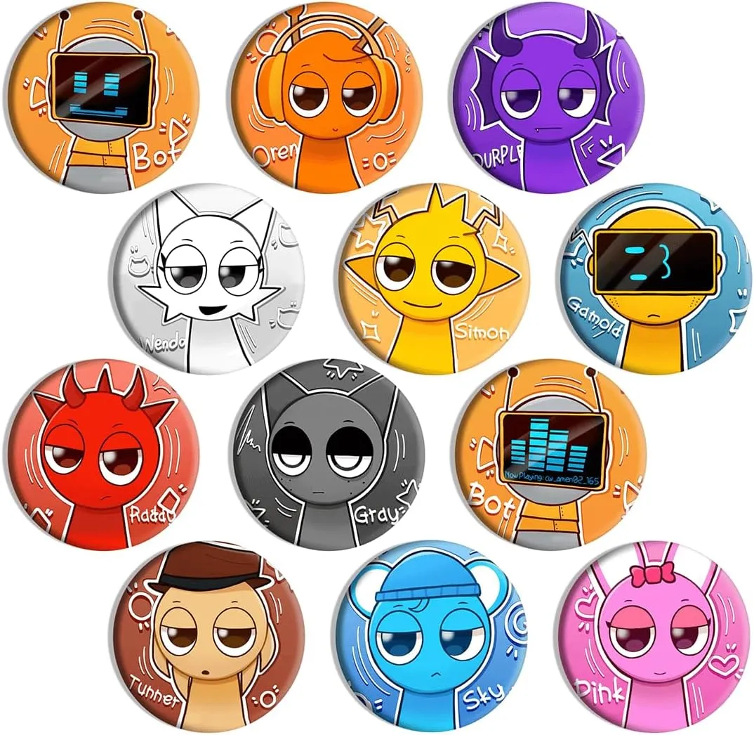 Sprunki Pins Set - 12 PCS Cute Character Pins, Kawaii Badge Collection, Perfect Birthday Party Decorations & Gifts for Kids, Boys, Girls (Individual Package)