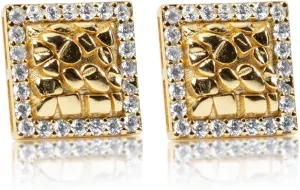 Square Shape 14K Yellow Gold Plated 925 Sterling Silver 3D Large Retro 90's Hip Hop Ice Out Cz Hypoallergenic Big 10mm Solid Gold Textured Nugget Stud Screw Back Post Earrings For Men