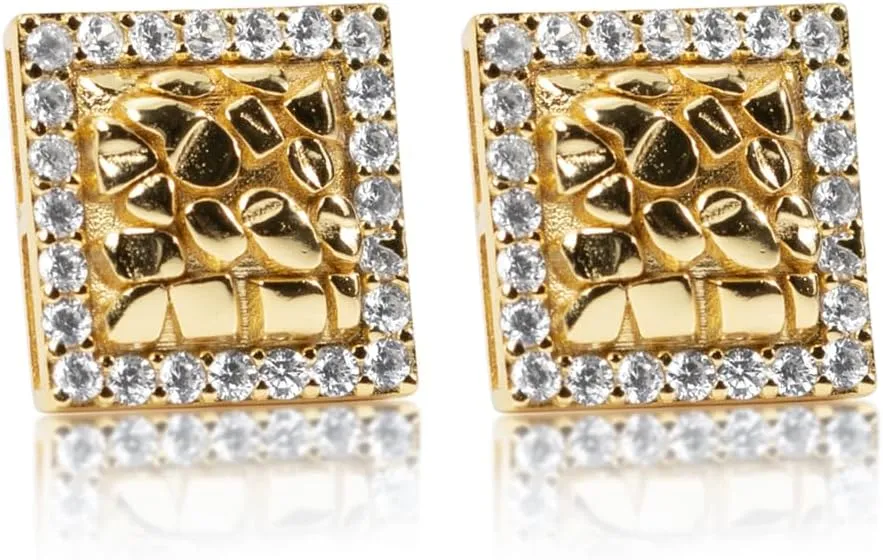 Square Shape 14K Yellow Gold Plated 925 Sterling Silver 3D Large Retro 90's Hip Hop Ice Out Cz Hypoallergenic Big 10mm Solid Gold Textured Nugget Stud Screw Back Post Earrings For Men