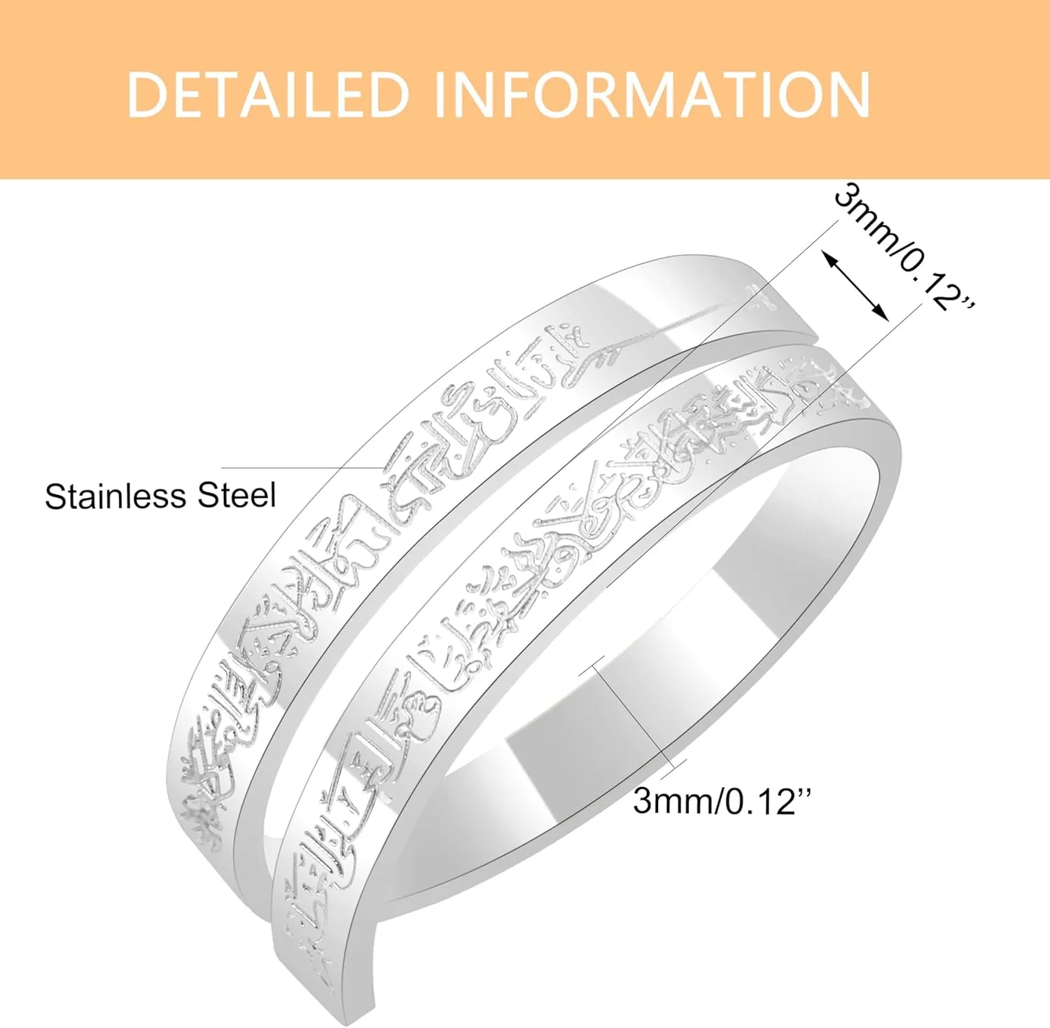 Stainless Steel Opened Adjustable Islamic Rings - 3mm Muslim Quran Scripture Wrap Ring for Women Men YA4978