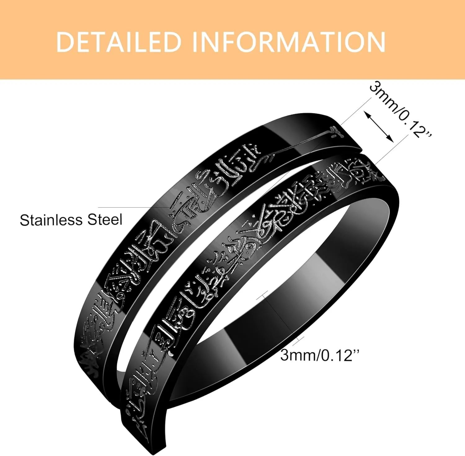 Stainless Steel Opened Adjustable Islamic Rings - 3mm Muslim Quran Scripture Wrap Ring for Women Men YA4978