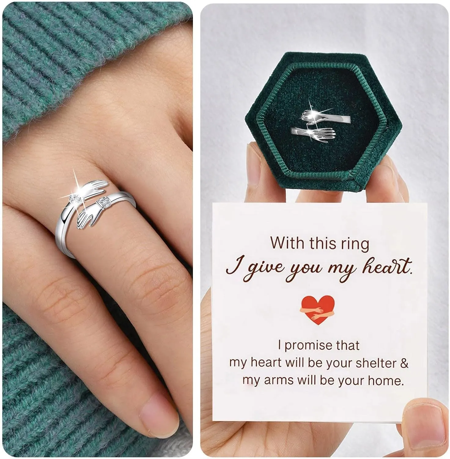 Sterling Silver Hug Ring for Women Teen Girls, Adjustable Ring Jewelry Mothers Day Birthday Gifts for Daughters Sister Wife