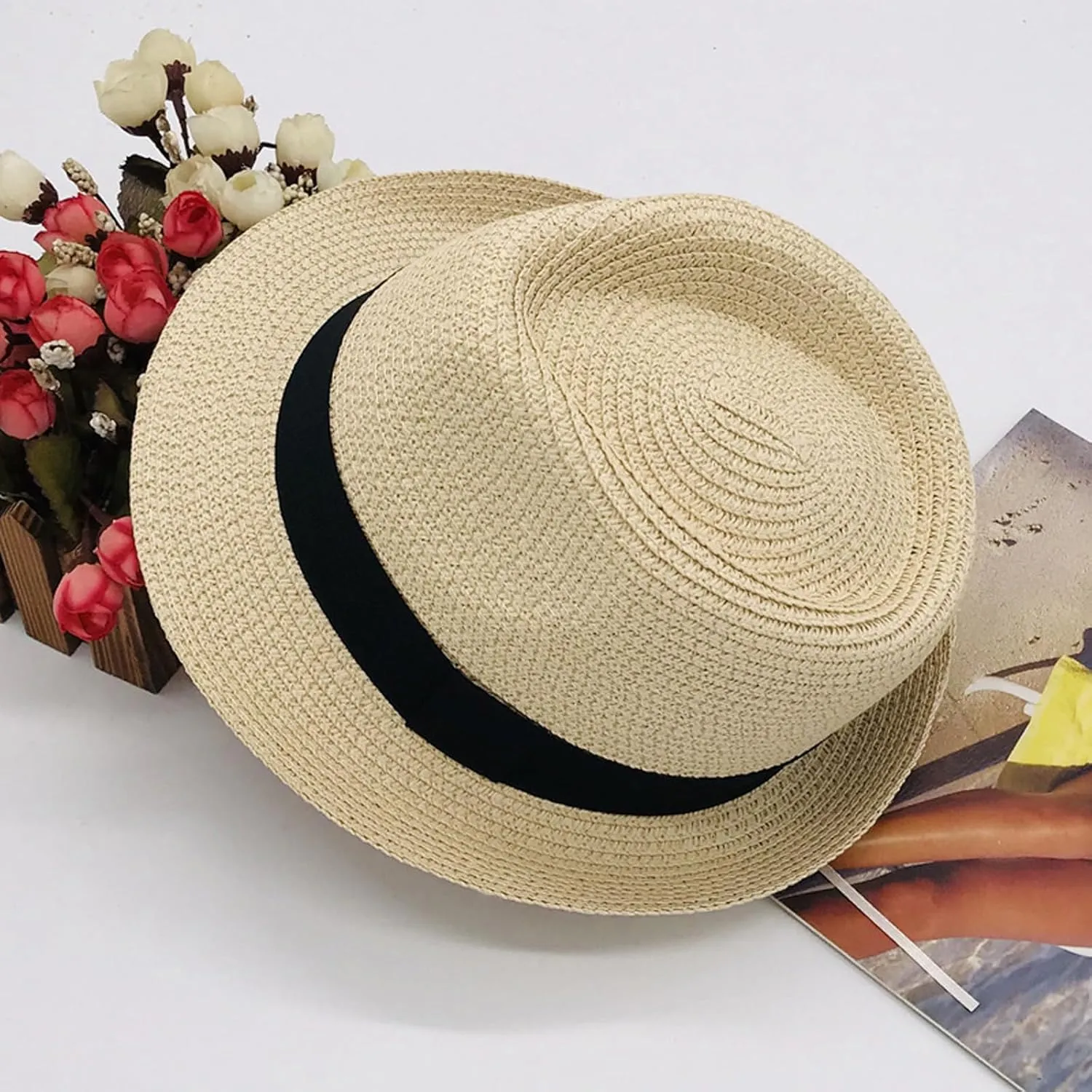 Straw Fedora Hat for Kids, Boys Girls Packable Straw Panama Trilby Derby Hat Children's Sun Protection Beach Cap
