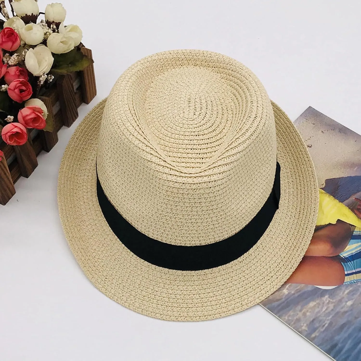 Straw Fedora Hat for Kids, Boys Girls Packable Straw Panama Trilby Derby Hat Children's Sun Protection Beach Cap