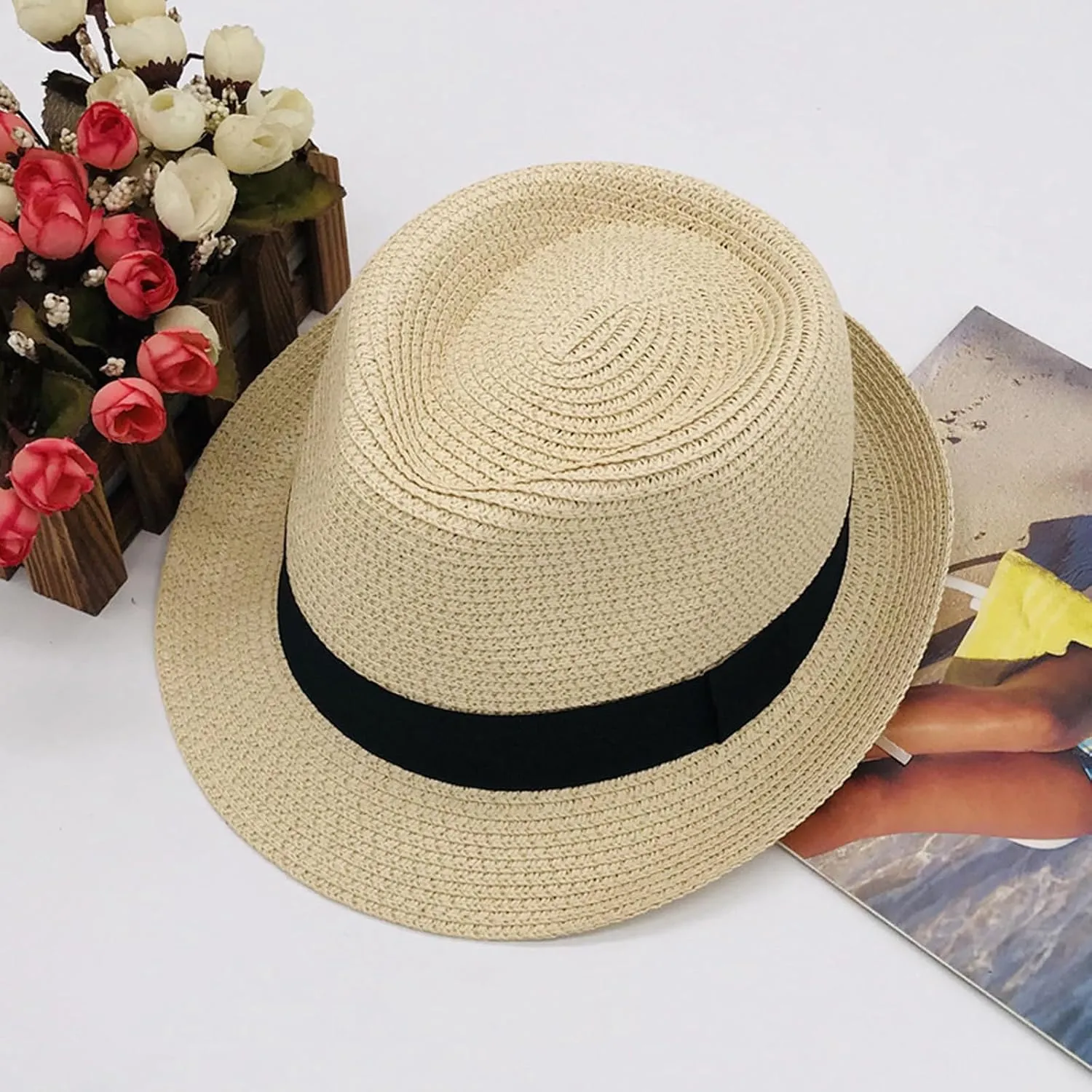 Straw Fedora Hat for Kids, Boys Girls Packable Straw Panama Trilby Derby Hat Children's Sun Protection Beach Cap