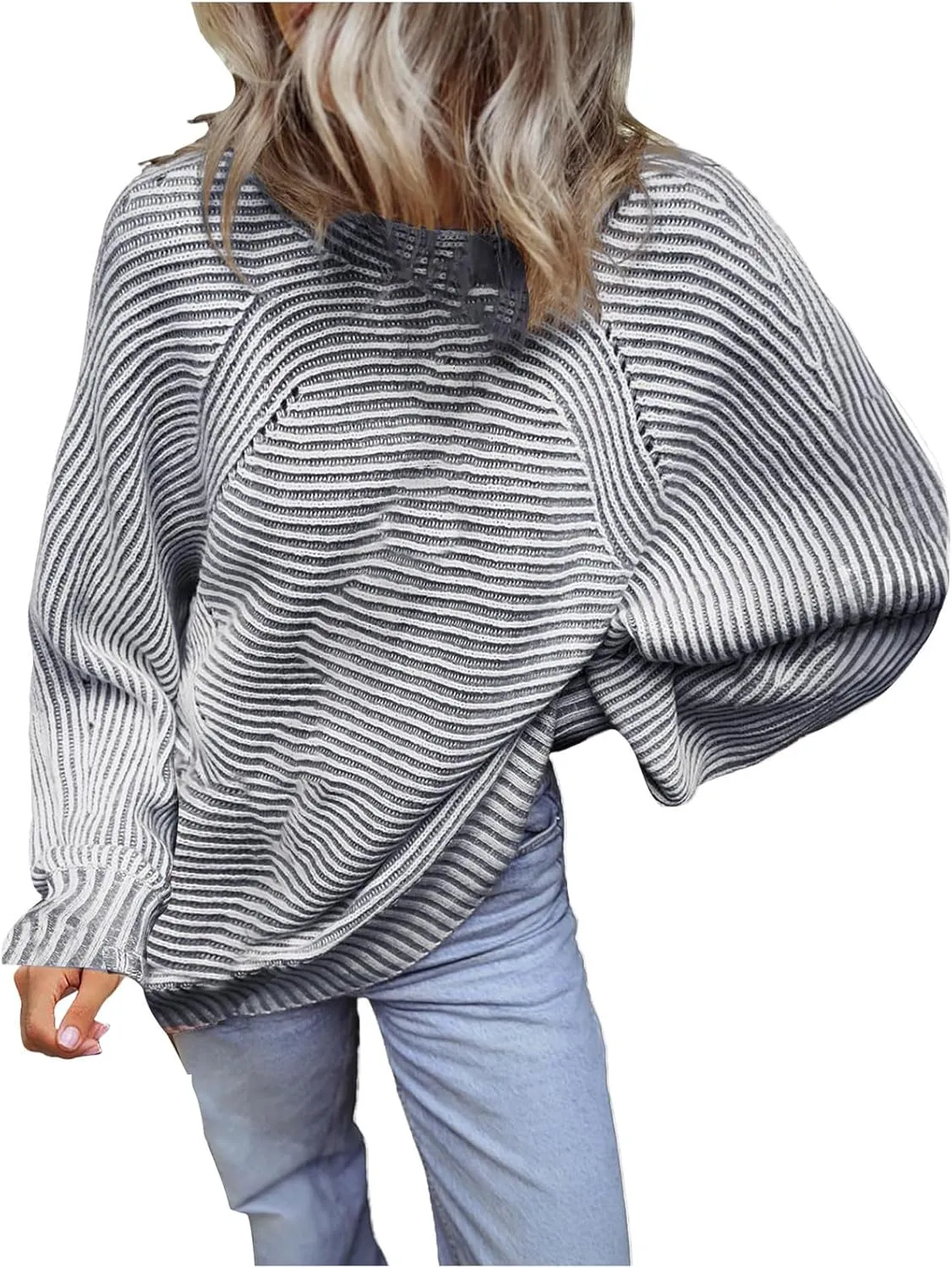 Striped Ribbed Knit Pullover Sweaters for Women Oversize Long Sleeves Loose Casual Sweater Winter Knitted Tops