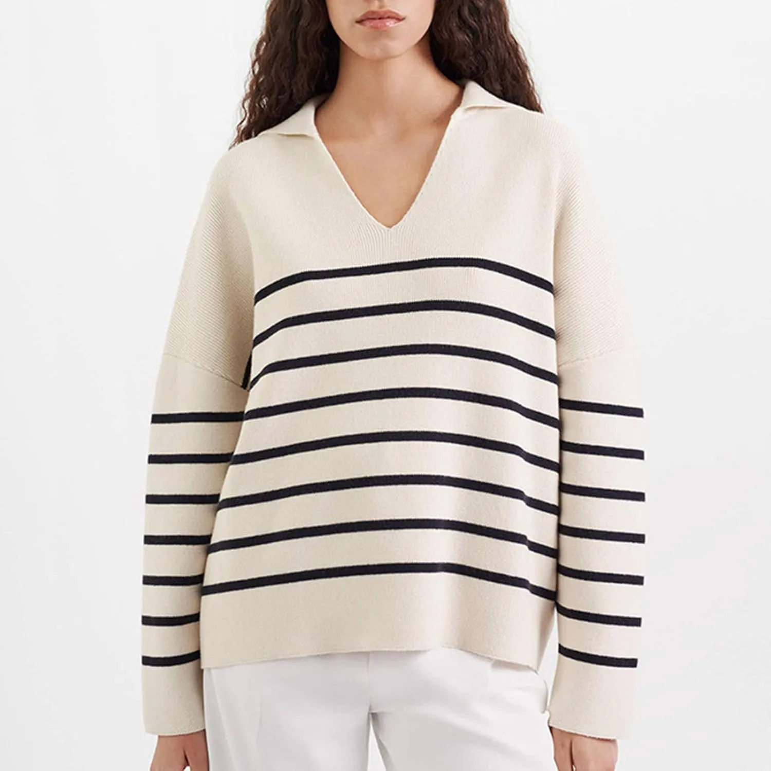 Striped Sweater Women Casual Long Sleeve Fall Sweaters V Neck Soft Ribbed Knitted Oversized Pullover Loose Fit Jumper