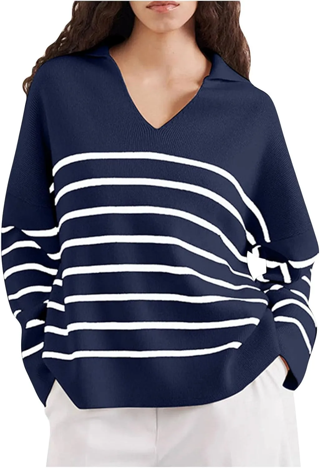 Striped Sweater Women Casual Long Sleeve Fall Sweaters V Neck Soft Ribbed Knitted Oversized Pullover Loose Fit Jumper