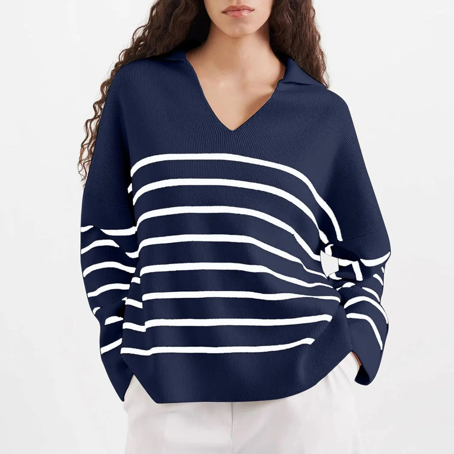 Striped Sweater Women Casual Long Sleeve Fall Sweaters V Neck Soft Ribbed Knitted Oversized Pullover Loose Fit Jumper