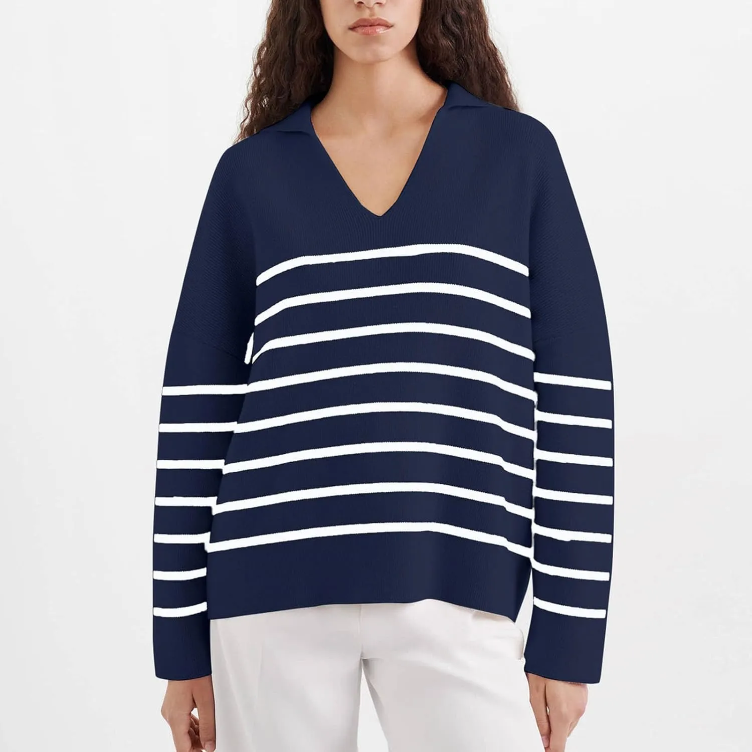 Striped Sweater Women Casual Long Sleeve Fall Sweaters V Neck Soft Ribbed Knitted Oversized Pullover Loose Fit Jumper
