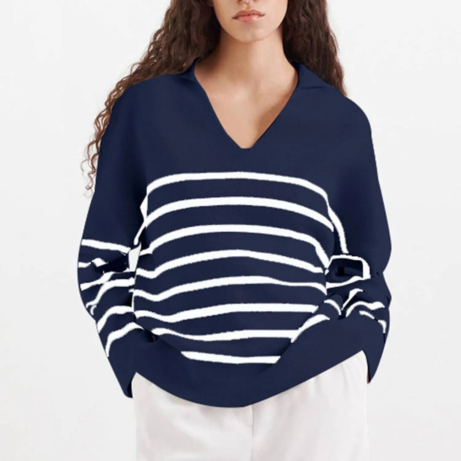 Striped Sweater Women Casual Long Sleeve Fall Sweaters V Neck Soft Ribbed Knitted Oversized Pullover Loose Fit Jumper